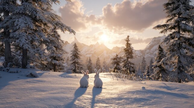 Two white rabbits in a snowy forest landscape with trees and mountains
