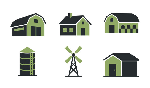 Farm Building and Agriculture Structure Icon Collection for Rural Design. Vector Set with Barn House Silo Windmill and Storage Symbols
