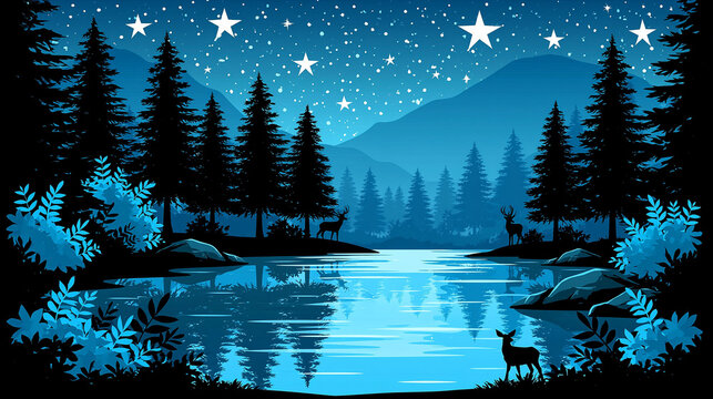 Serene forest lake under a starry night sky with deer pine trees water body