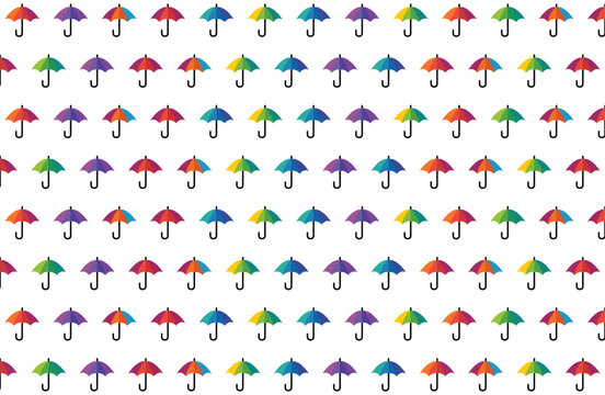 Colorful seamless umbrella pattern background featuring repeating rainy season parasol icons in playful flat style for textile wrapping wallpaper and kids design projects