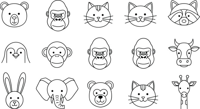 Cute Animal Face Outline Icon Set Featuring Bear, Monkey, Cat, Rabbit, Elephant, Cow, and Giraffe Cartoon Vector Collection