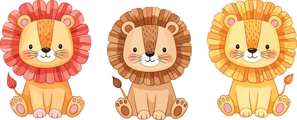Cute lion cartoon vector illustration set featuring adorable baby lions with colorful manes in playful flat nursery style isolated background © Md