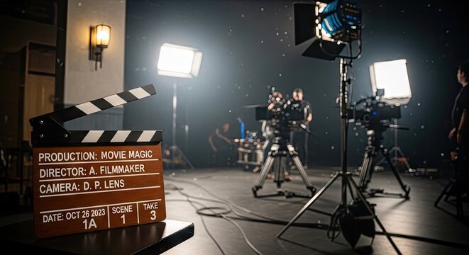 Film set with camera equipment and clapperboard under bright lights