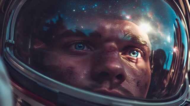 Space universe exploration, fantasy, mysterious. A closeup of a mans face, captured in a side profile, wearing an astronauts helmet. The helmet is transparent.