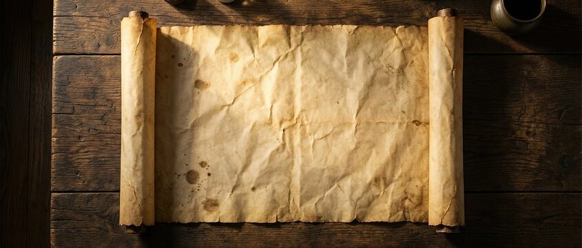 An old, weathered parchment scroll partially unrolled on a rustic wooden surface, evoking a vintage or historical atmosphere.