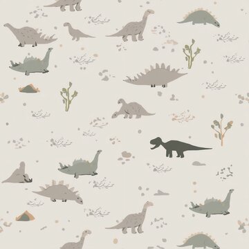 Seamless pattern with simple hand drawn dinosaurs in calm neutral stone grey tones