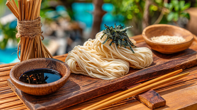 Gourmet cold noodle dish with dipping sauce and sesame seeds appetizer restaurant presentation