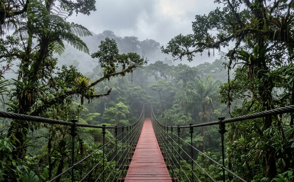 Hanging Footbridge in Misty Tropical Forest