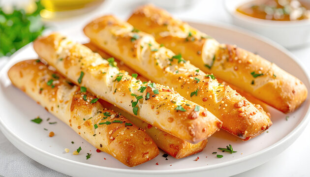 Fresh baked garlic bread sticks, white platter, closeup. AI