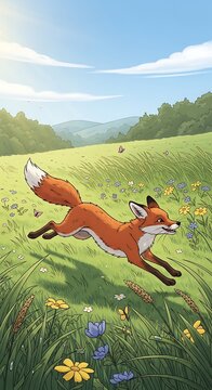 Running Fox in Meadow.