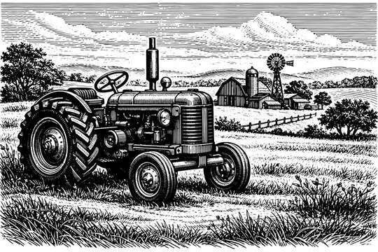Classic Farm Tractor in Vast Farmland Illustration