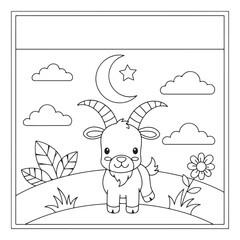 Fototapeta premium Cute cartoon baby goat in landscape with moon and stars coloring page illustration for kids activity.