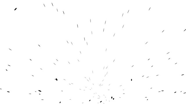 Abstract black particles flying from center on white background creating dynamic motion effect in high resolution.