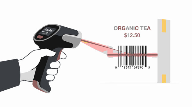 Hand holding barcode scanner device.
