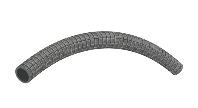 Gray Curved Industrial Hose with Grid Reinforcement Isolated on White Background