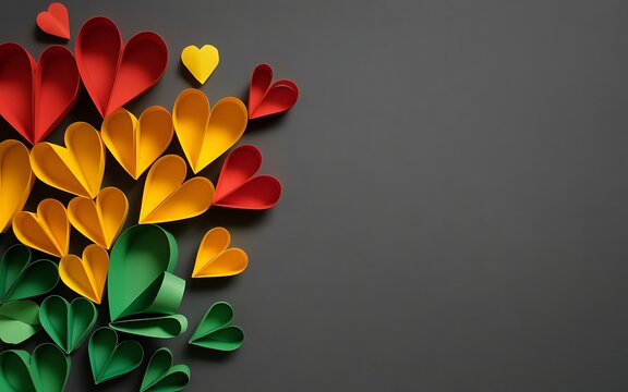 Paper hearts in red yellow and green arranged on a dark gray background for juneteenth celebration