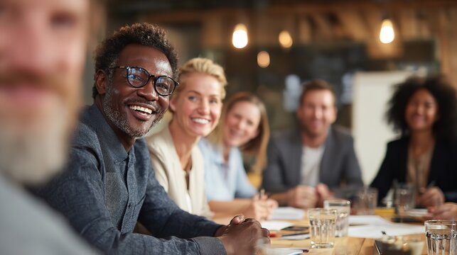 A smiling group of young friends, including a businessman and businesswoman, are sitting indoors at a restaurant table, talking and drinking coffee and wine during a casual business dinner