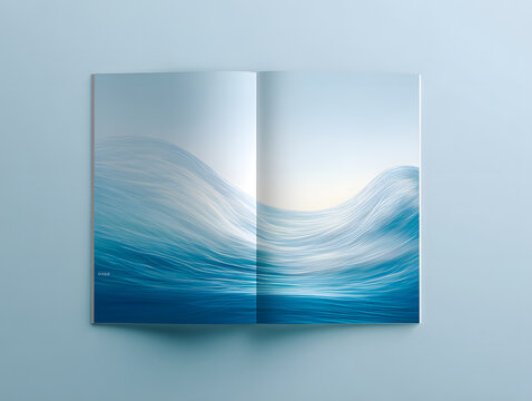 Open magazine spread featuring flowing abstract blue wave illustration with soft gradient light and minimal composition
