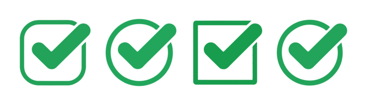 Outlined green check marks in various shapes for user interface design and web form validation set.