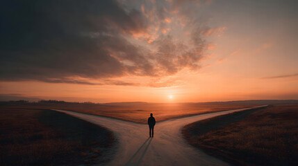 Fototapeta premium Man standing at fork road in countryside at sunset silhouette sunset fork road countryside silhouette decision