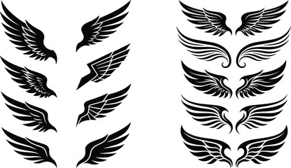 Stylized wing silhouettes collection with modern and abstract feather designs isolated for logo branding tattoo and graphic use © Sreejoynaraon