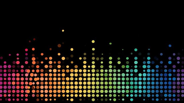 Rainbow colored halftone vector dots with glittering square gradient pattern on black background, vibrant abstract digital texture for modern graphic and creative design use
