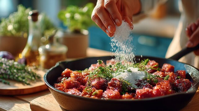 Sprinkling sea salt over meat chunks and fresh thyme in a cast iron skillet with seasoning, culinary