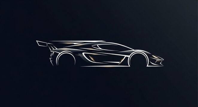 Sleek futuristic sports car outline glowing on black background.