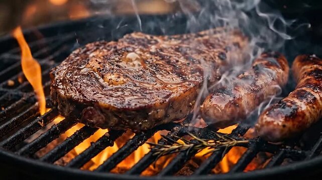 A thick, juicy steak and two sausages sizzle on a grill over roaring flames, producing smoke and rich grill marks for a perfect barbecue feast.