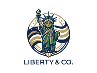 Fototapeta premium Statue of liberty emblem featuring a torch and tablet with stylized american flag elements designed as a professional vector logo for patriotic business branding projects
