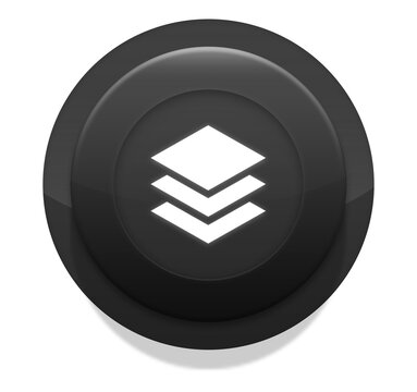 3D black button with a white layers icon. Design stack, graphic levels, or cloud architecture concept.