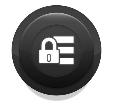 3D render of a round glossy black button featuring a white secure server database icon with a padlock in the center, isolated on a white background. Concept for data protection, cloud security, cyber 