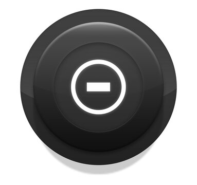 3D render of a round glossy black button featuring a white minus or remove symbol in the center, isolated on a white background. Concept for negative action, delete, minimize, zoom out, or disable int
