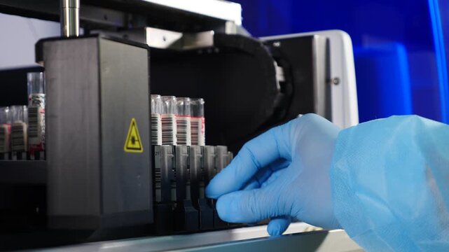 Healthcare. Clinical blood chemistry analyzer at work. Automated process of biological samples research in biochemistry analyzer. Professional lab equipment scanning barcodes on test tubes. 4 k video