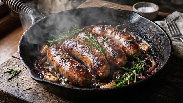 Four sizzling sausages cook in a cast-iron skillet with fresh rosemary, garlic, and red onions, releasing aromatic steam on a rustic wood table.