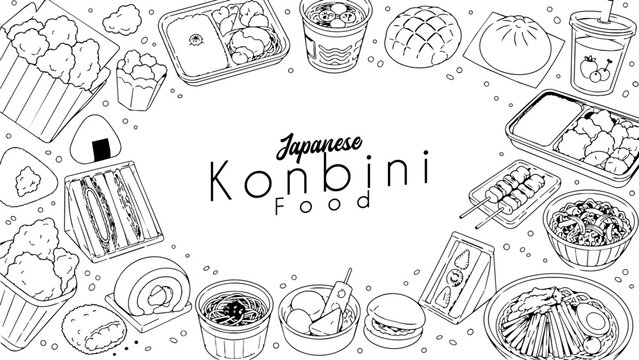 Japanese konbini food frame vector line art with bento, ramen, onigiri, sandwiches, fried chicken, buns, drinks and snacks. Hand drawn convenience store meal border for coloring pages or menu designs.