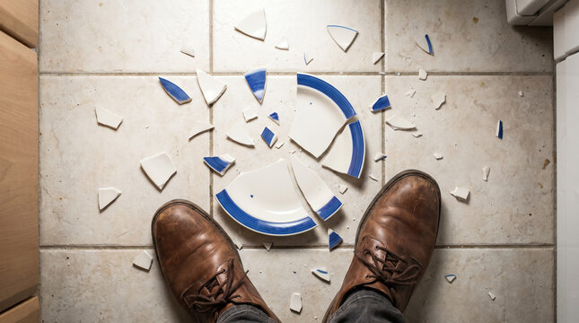 Broken Plate on Floor After Accident, Showing Mishap and Need for Cleanup