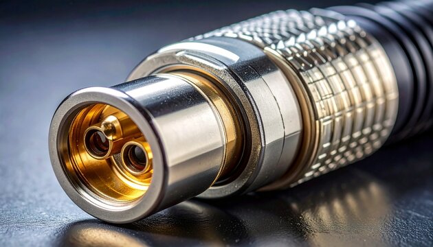 Close-up of male XLR audio connector with metallic body and three pins, symbolizing professional sound engineering and recording.