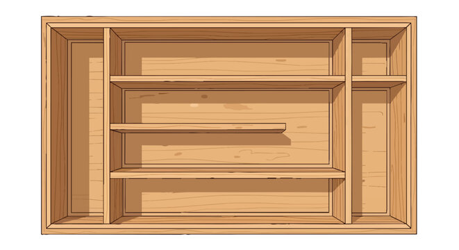 Wooden kitchen drawer organizer with empty compartments for cutlery and utensil storage top view illustration