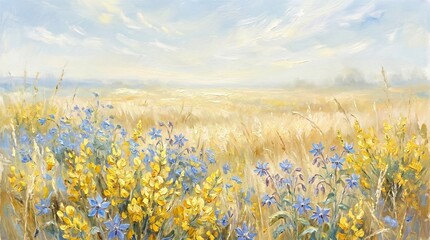 Obraz premium Dreamy Impressionist Oil Painting of Wildflowers Field | Scenic Summer Meadow Landscape Fine Art Print