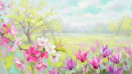 Obraz premium Impressionist Spring Blossom Oil Painting | Dreamy Pink Flowers Meadow and Blooming Trees Landscape Fine Art