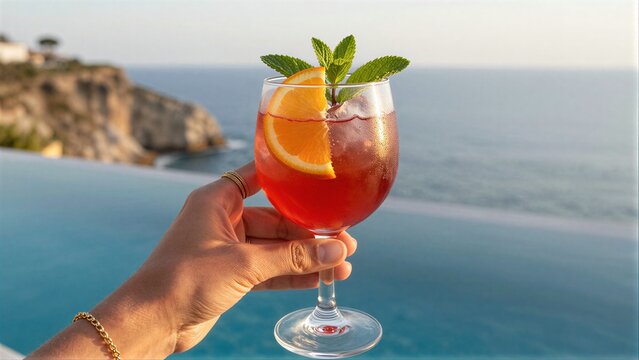 Hand holds vibrant cocktail by infinity pool ocean backdrop at sunset.