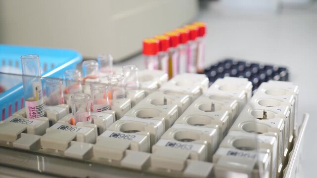 Lab technician holding blood tube sample for study. Medical technologist setting test tubes with human bio material sample into holder in hospital laboratory. 4 k video