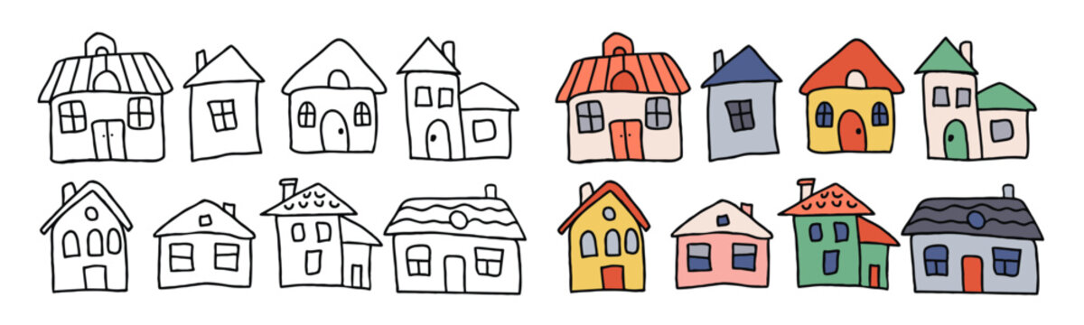 hand drawn houses set line and color vector illustration