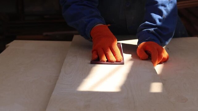 A hand in an orange glove sands a wooden surface with sandpaper. The process of manually sanding a wooden board with fine-grained sandpaper. The craftsman works in a protective glove. DIY concept