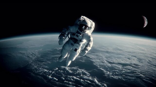 Space universe exploration, fantasy, mysterious. A highresolution digital artwork depicts an astronaut floating above Earth. The astronaut is in a dynamic pose.