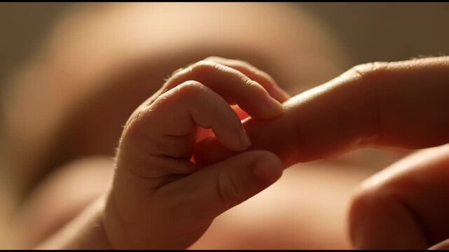 Newborn baby holding parent finger, tender close-up of tiny hand grasping hand, love care infant