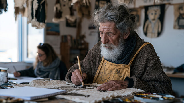 Traditional Greek shadow puppet craftsman painting a new theatrical figure in a coastal workshop, finished puppets hanging from rafters, a visiting arts journalist observing and sketching, cultural 