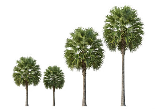 Four sabal palmetto trees of varying heights in a row isolated on a transparent background
