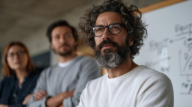 Startup founder drawing equity split diagram on a whiteboard in a raw warehouse-style office, two co-founders watching intently, marker lines and percentage labels visible, company culture of shared